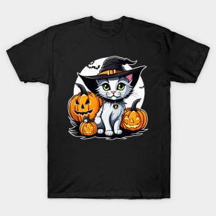 Cute witch cat with pumpkins halloween design T-Shirt